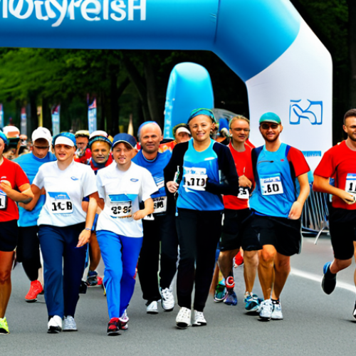 A diverse team of professional sports event managers and enthusiastic volunteers, fully clothed in appropriate, modest attire, collaborating dynamically at a vibrant outdoor marathon event. They are seen coordinating tasks near a finish line, with a large crowd of spectators and active runners in the background, emphasizing teamwork, efficient organization, and a positive, family-friendly atmosphere. Perfect anatomy, correct proportions, natural pose, well-formed hands, proper finger count, natural body proportions. Safe for work, appropriate content, fully clothed, professional dress, high-quality, ultra-realistic photography.