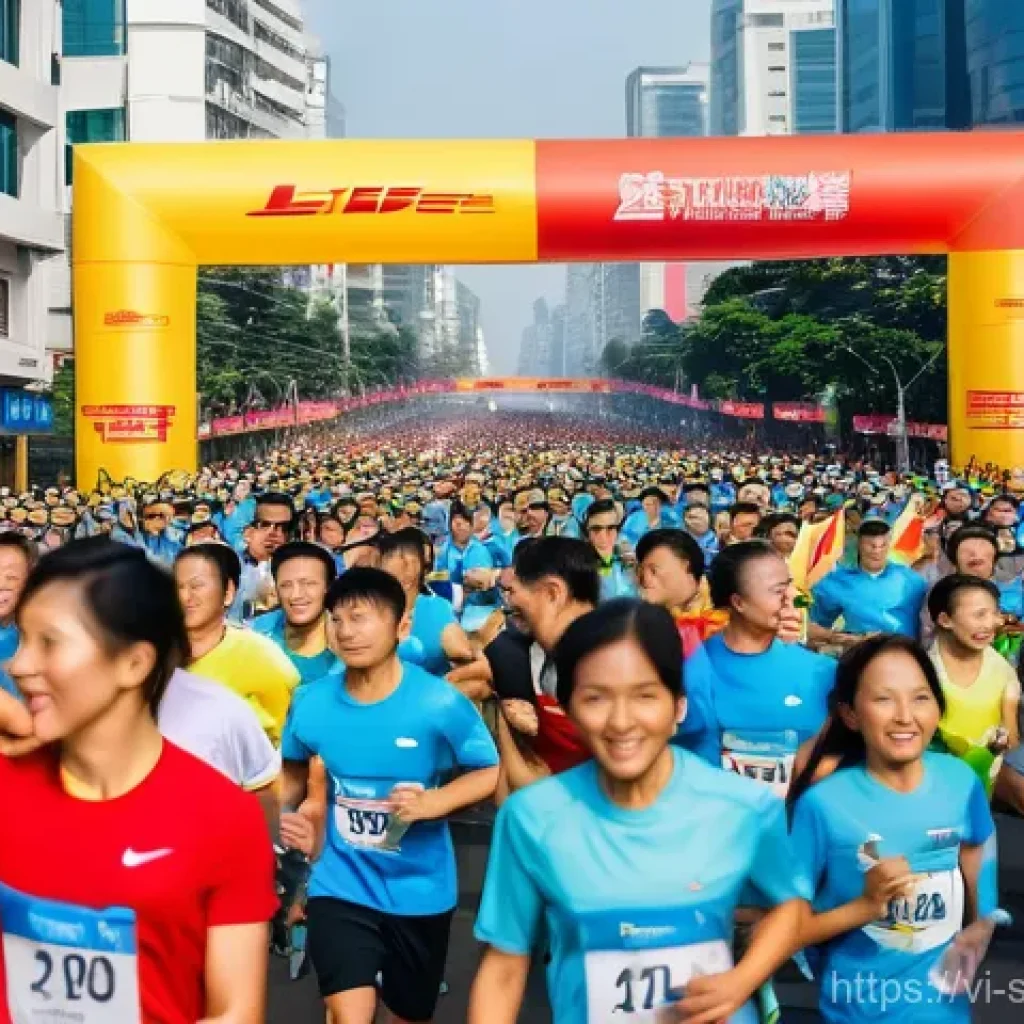 스포츠경영관리사 자격증으로 할 수 있는 일 - **Prompt:** A wide-angle, dynamic shot of a large-scale marathon event in a bustling Vietnamese city...