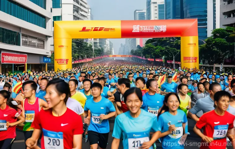 스포츠경영관리사 자격증으로 할 수 있는 일 - **Prompt:** A wide-angle, dynamic shot of a large-scale marathon event in a bustling Vietnamese city...