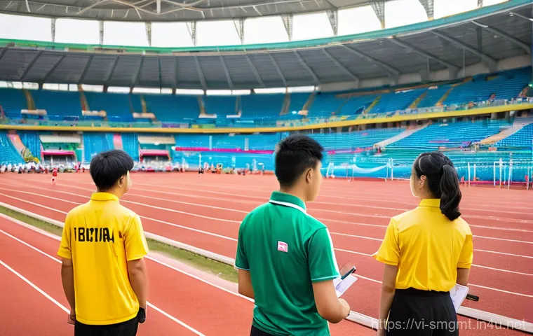 스포츠경영관리사와 스포츠 코칭 철학 - **Prompt:** A dynamic, wide shot of a bustling, modern Vietnamese sports stadium during a large-scal...
