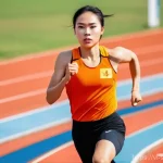 스포츠경영관리사와 스포츠 브랜드 협상 - A powerful and determined Vietnamese female athlete, specializing in track and field, captured mid-s...