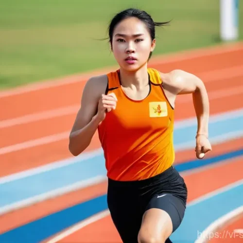 스포츠경영관리사와 스포츠 브랜드 협상 - A powerful and determined Vietnamese female athlete, specializing in track and field, captured mid-s...