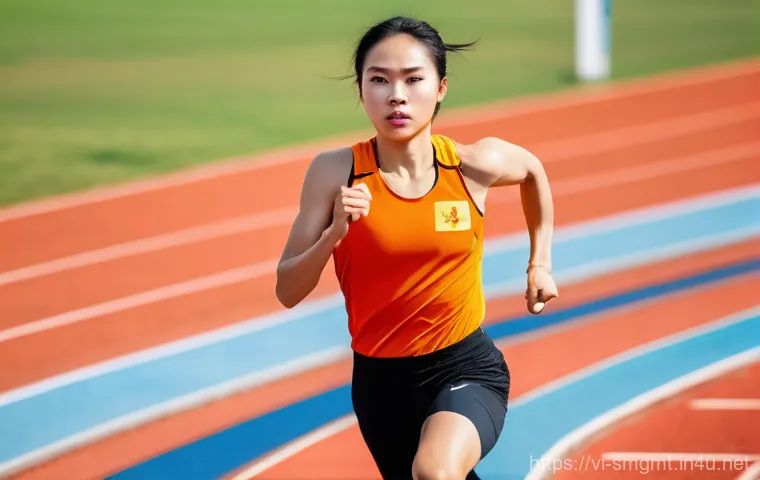 스포츠경영관리사와 스포츠 브랜드 협상 - A powerful and determined Vietnamese female athlete, specializing in track and field, captured mid-s...