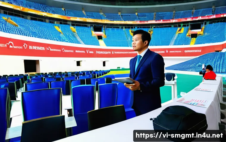 스포츠경영관리사와 고객 관계 관리 CRM - **Prompt:** A dynamic, wide shot capturing the bustling backstage area of a large, modern stadium in...