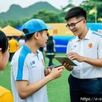 Home 19 스포츠경영관리사 자격증의 수익성 분석 - A dynamic scene of a professional sports event management team organizing a local Vietnamese footbal...