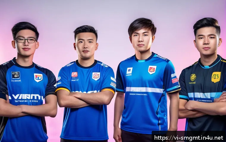 스포츠경영관리사와 e스포츠 산업 - A professional esports team branding concept showing a diverse group of young Vietnamese esports pla...